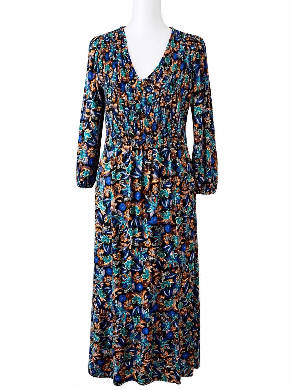J.Jill NWT Floral Smocked Midi Dress Blue Black Size M Boho $139